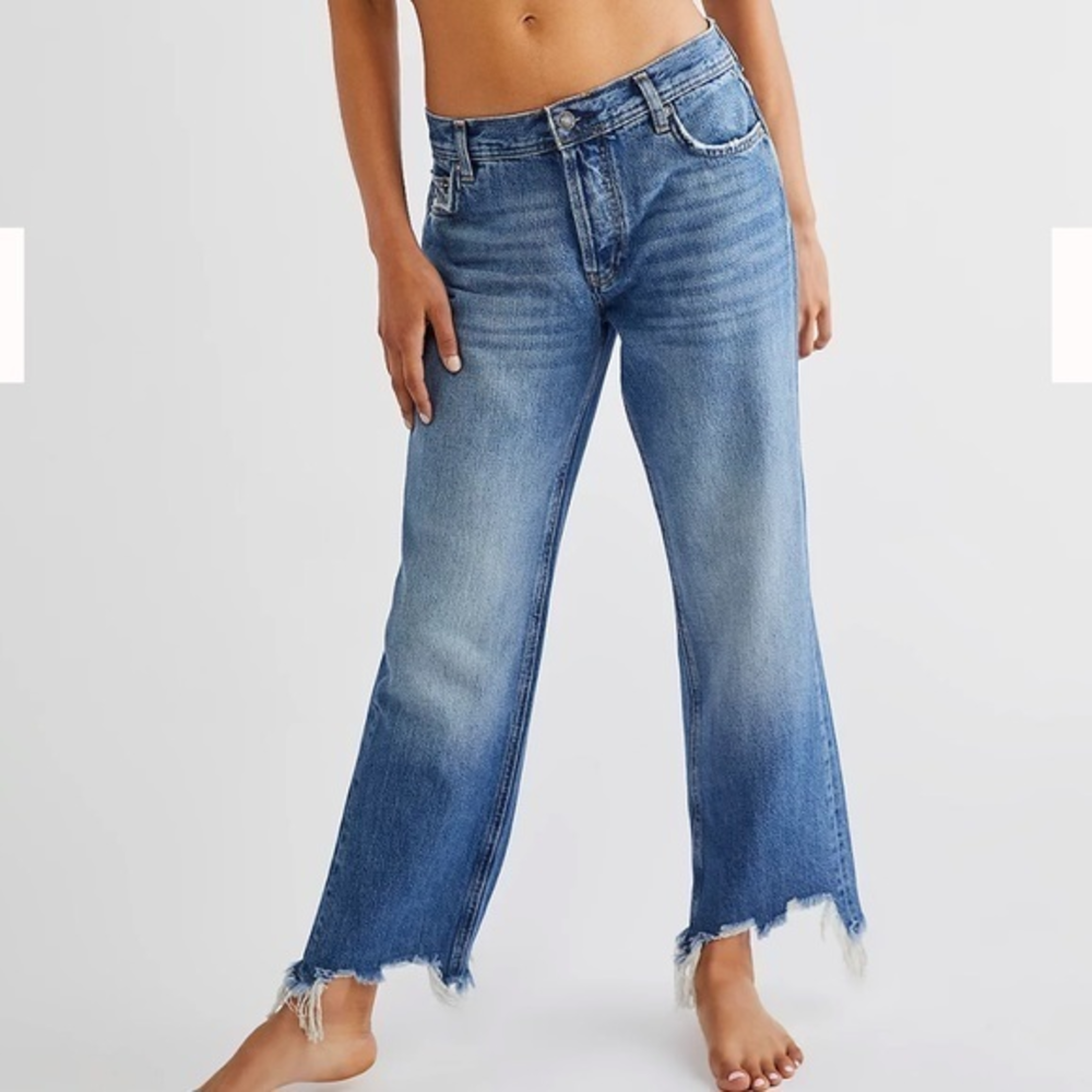 Free People 25 We The Free Straight Leg Jeans Womens Blue NEW Frayed Raw Hem